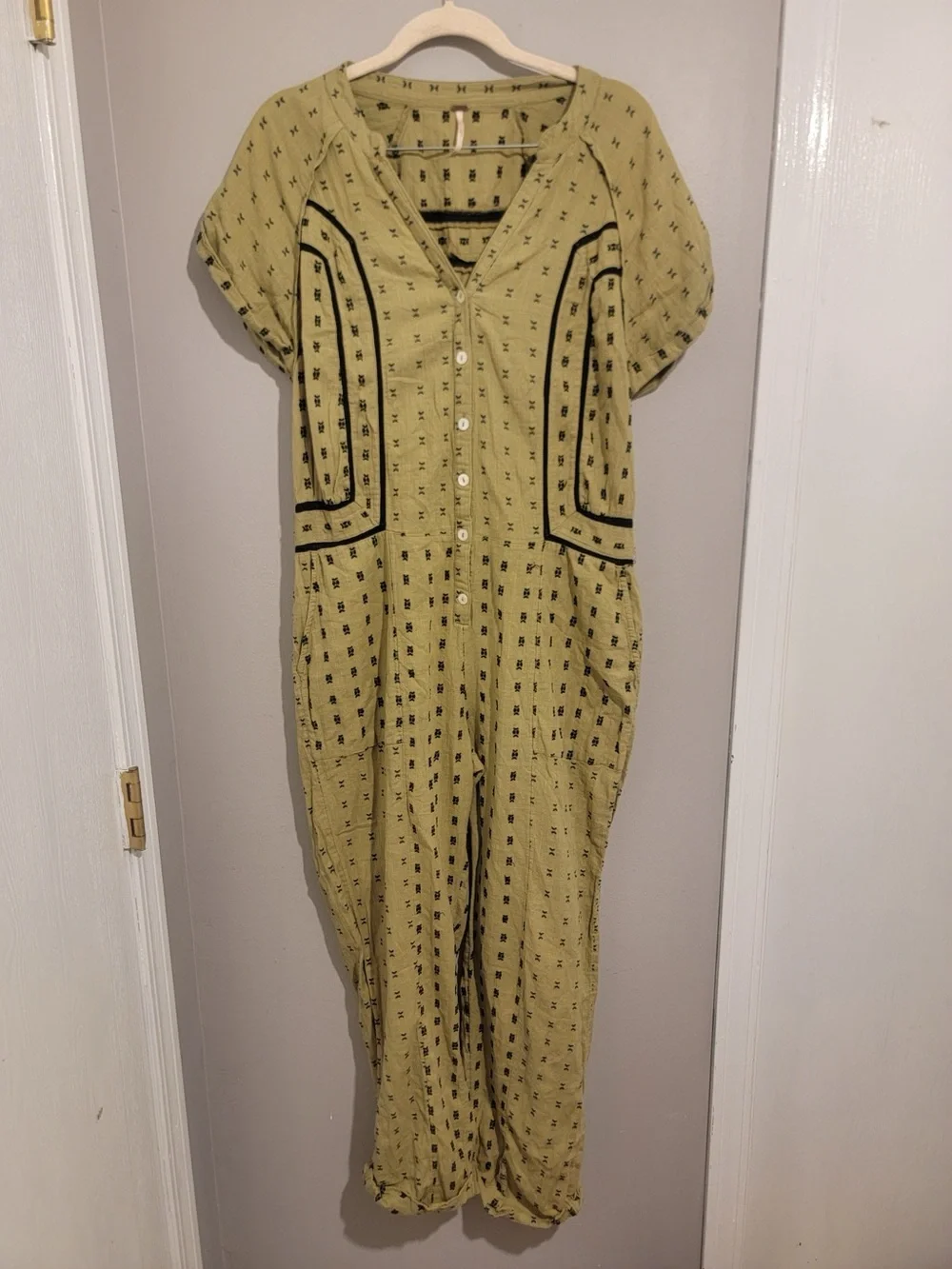 Free People “Patch It Up” Green Embroidered Button Jumpsuit Boho